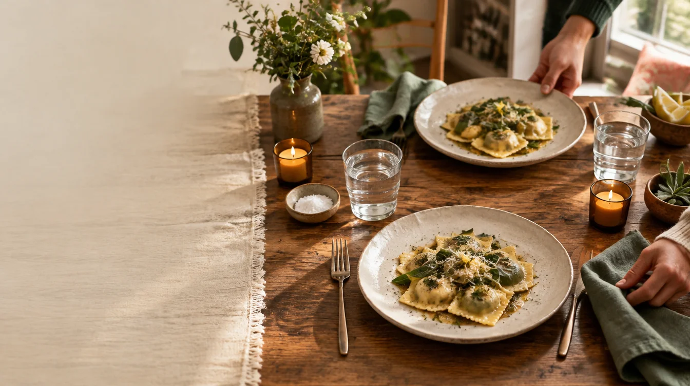 Illustrative Higgsfield campaign scene of two people setting a warm candlelit table with pasta